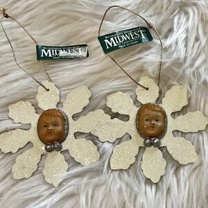 VTG Midwest Christmas Snowflake With Baby Doll Face Christmas Ornaments Set of 2